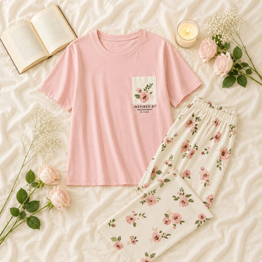 Pink Flower Printed Pocket Half Sleeves Shirt and White Flower Printed Trouser Night Wear
