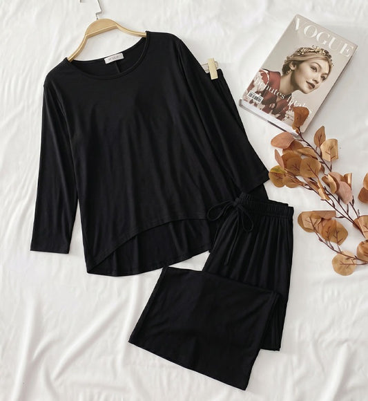 Deep Black Round Neck Plazzo PJ Set