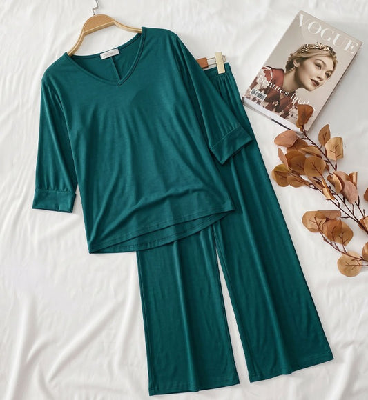 Persian Blue V-Neck Women Night Suit PJ Set