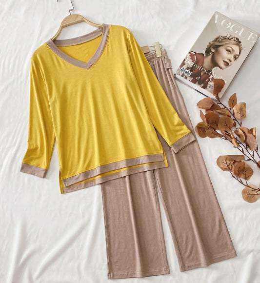 Yellow V-Neck T Shirt with Contrast Trouser PJ Set