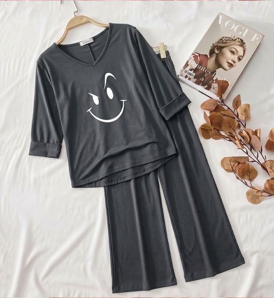 Plain Gray Smiley Face V Neck with Plazzo Pajama Full Sleeves Suit