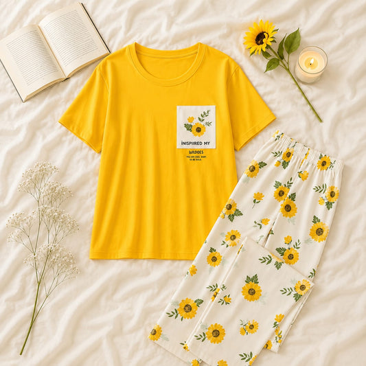 Yellow Flower Printed Pocket Half Sleeves Shirt and White Flower Printed Trouser Night Wear