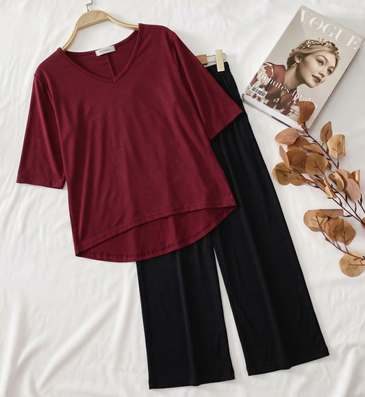 Plain Red V Neck T Shirt with Black Plazzo
