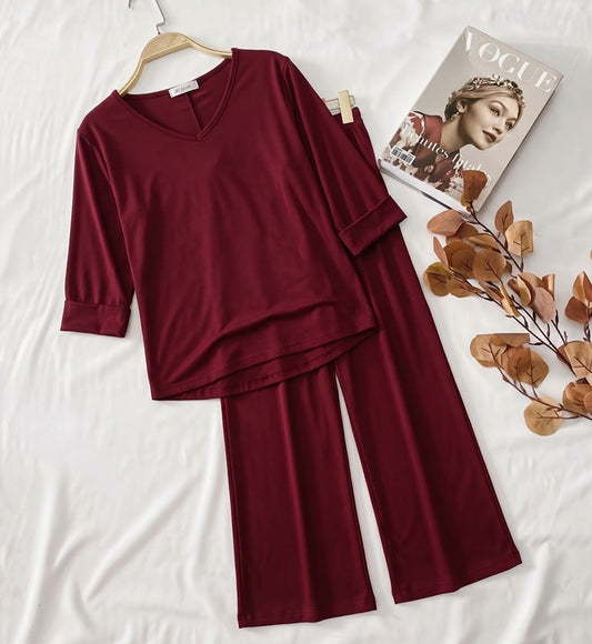 Maroon V-Neck Women Night Suit PJ Set