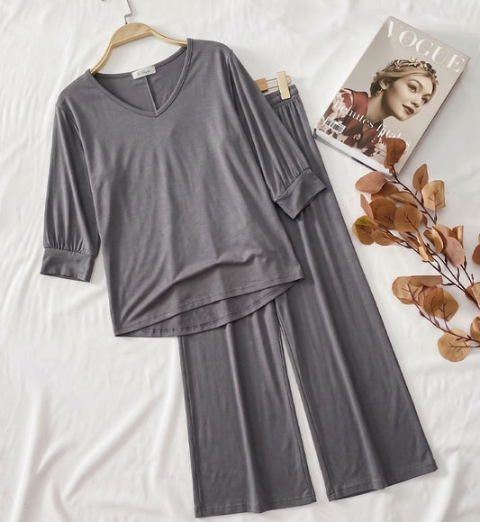 Plain Gray V Neck with Plazzo Pajama Full Sleeves Suit