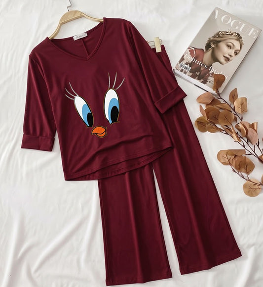 Maroon Daffy Duck V-Neck Women Night Suit PJ Set