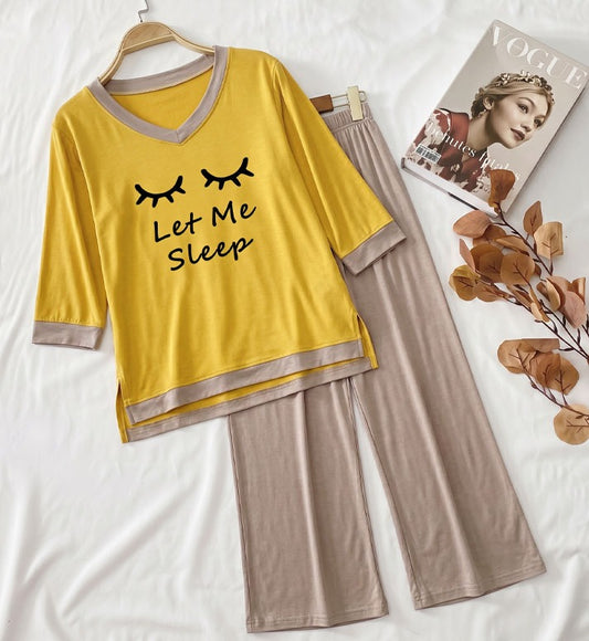 Yellow let me Sleep V-Neck T Shirt with Contrast Trouser PJ Set