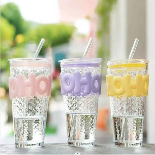 HOHO 450ml Glass Tumbler with Lid & Straw